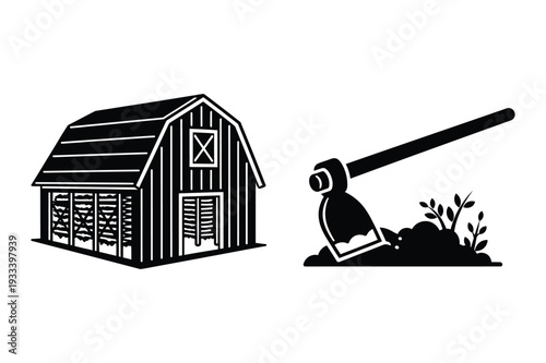 Barn and Hoe Tilling Soil