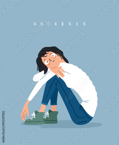 Sad thin anorexia girl vector illustration. Extreme weight loss due to an eating disorder