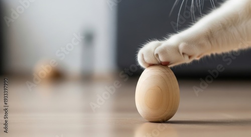 White cat paw touching wood egg. Pet friendly Easter celebration. Spring holiday with domestic animal involvement. Cute fuzzy pet.