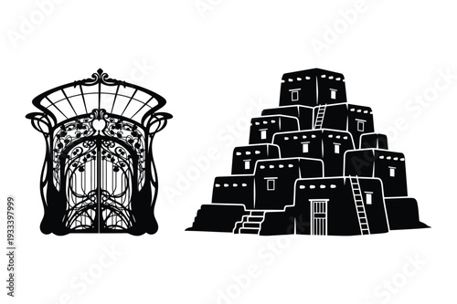 Art Nouveau Gate and Adobe Houses