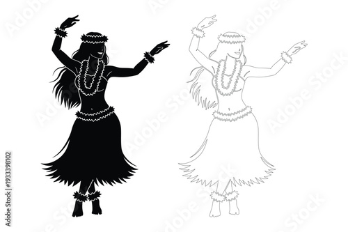 Hula dancer silhouettes and outline, black and white vector illustration.
