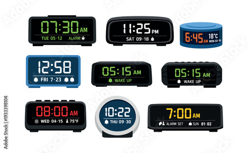 Collection of electronic alarm clocks displaying numerical time, date, and various alarm functions, illustrating everyday time management