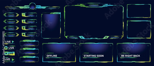 Twitch stream frames. Stream live cyberpunk tech frame, broadcast overlay video screen acid green y2k panels game streamer user ui hud menu digital futuristic vector illustration