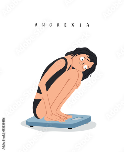 Thin anorexia young woman sitting on the scales