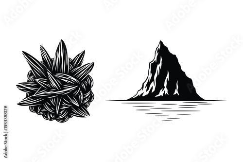 Abstract geometric sphere and mountain peak over water illustration.