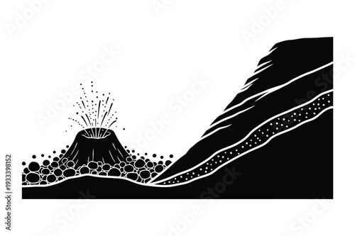 Volcano eruption and geological layers illustration