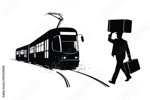 Businessman with luggage meets tram in silhouette