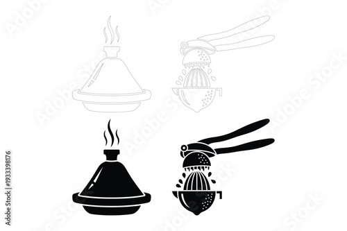 Tagine pot and lemon juicer silhouette and line art