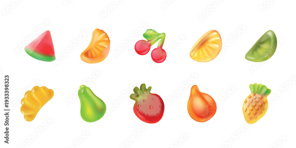 Fototapeta premium Jelly fruit candy. Realistic gummy candies, 3d glossy fruits supplement sugar sweet set, cherry strawberry lemon pineapple orange watermelon mix figure, exact vector illustration
