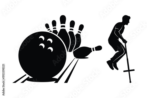 Bowling strike and person on pogo stick, vector illustration