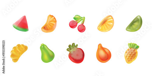 Jelly fruit candy. Realistic gummy candies, 3d glossy fruits supplement sugar sweet set, cherry strawberry lemon pineapple orange watermelon mix figure, exact vector illustration