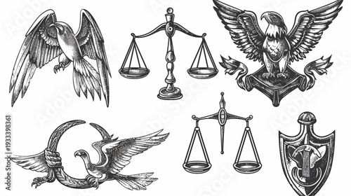 Vintage grayscale illustrations featuring symbols of justice, balance, and freedom eagles, scales, and crests