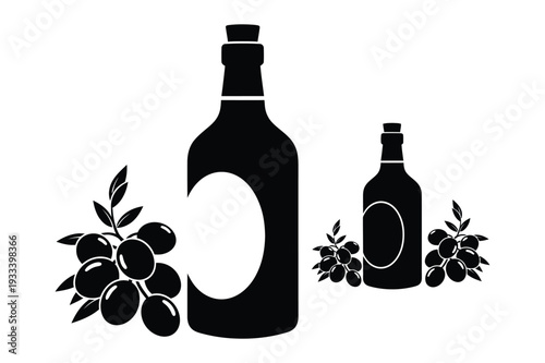 Bottles of wine and olives, vector illustration