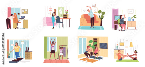 People workout home. Fitness exercise indoor room, active woman yoga pilates man aerobic training morning stretching family healthy lifestyle fit set classy vector illustration