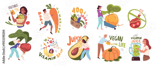 Vegan lifestyle characters. Vegetarian people characters healthy green life style, vegetable based food diet cooking zero waste free eco friendly set, classy vector illustration