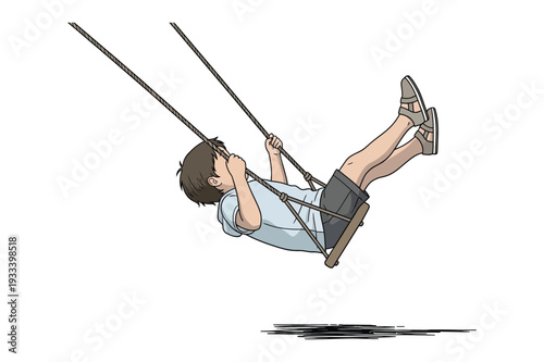 Young Boy Swinging High on a Swing Set Outdoors