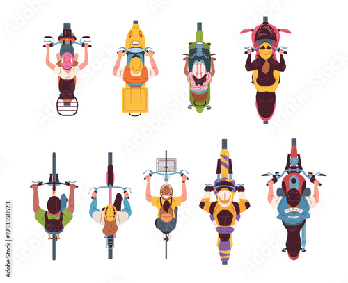 Riders top view. People above motorcycle or bicycle. Delivery man scooter woman on helmet bike rider overhead traffic road race aerial view motor biker, classy vector illustration