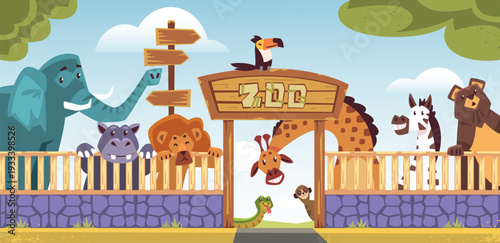 Zoo entrance. Zoology park entry gate, welcome arch with wild animals enclosure jungle tree nature garden cartoon landscape safari savanna animal scene, classy vector illustration