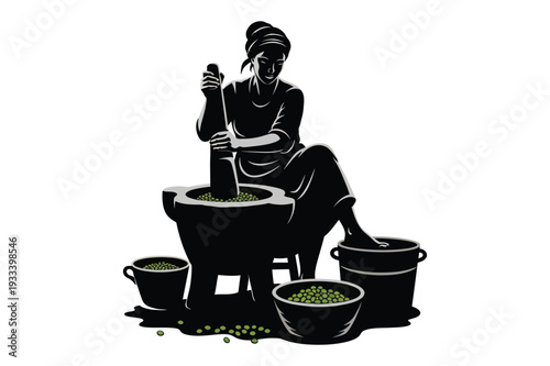 Woman grinding spices with mortar and pestle, traditional food preparation