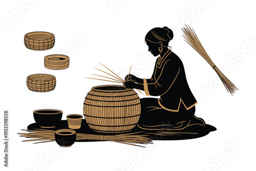 Woman weaving a basket, traditional craft and handicraft