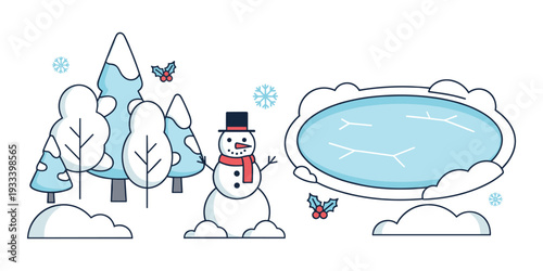 Snowman standing in a chilly winter landscape, surrounded by snowy pine trees, a frozen lake, and falling snowflakes