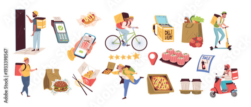 Food delivery workers. Delivery man with box backpack, takeaway delivery service mobile app fast courier ride scooter city supermarket pizza restaurant, classy vector illustration