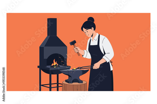 Blacksmith woman working at anvil with hammer and tongs, crafting metal