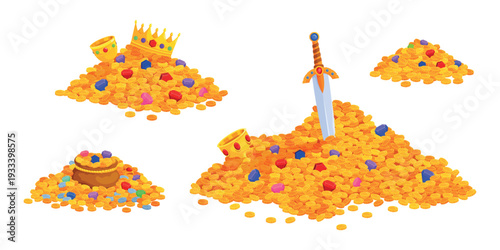 Cartoon treasure piles. Coin gold pile gem heap, ancient magic game loot crown cup trophy cash crystal jewelry cave fantasy abundance antique wealth set, kicky vector illustration