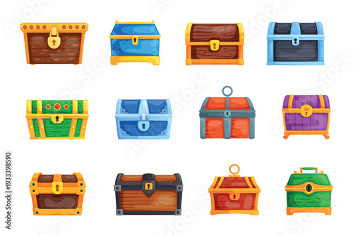 Cartoon treasure chests. Treasures chest, wooden box golden lock jewelry old safe gold trunk wood storage casket blue graphic set icon game interface, kicky vector illustration