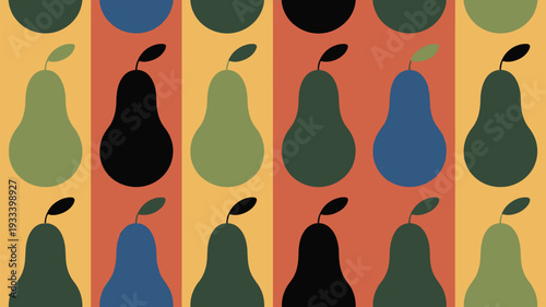 Vibrant pear pattern with colorful fruit and geometric shapes