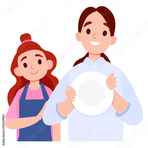 Mother and Daughter Washing Dishes