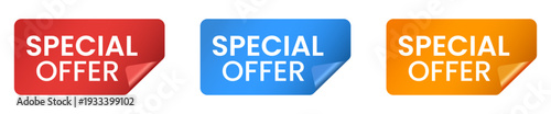 Rectangular special offer stickers featuring peeled corners in red, blue and orange colors