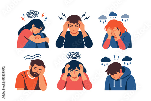 Individuals facing various mental health problems including headache, burnout, sadness, and emotional pain