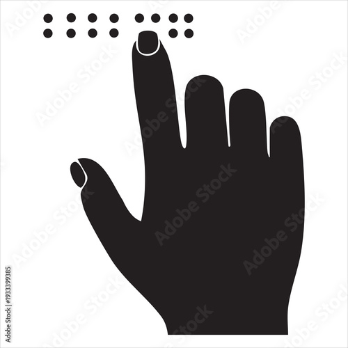 A powerful black and white icon depicting a human index finger gently touching a series of Braille dots. This minimalist yet impactful visual directly conveys the act of readi