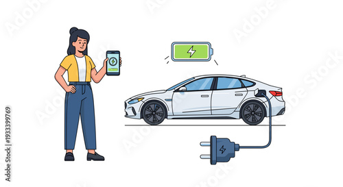 A casual woman stands beside her electric vehicle, holding a smartphone displaying a charging application with a full battery icon.