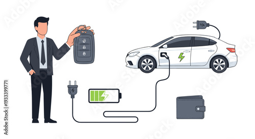 A businessman holds an electric car key as his vehicle charges, with money visibly flowing from a wallet, signifying the cost of sustainable energy.