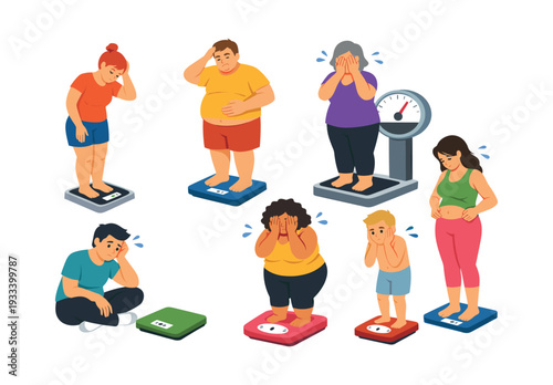 Overweight and obese people on weighing scales feeling unhappy and stressed about their body weight and fat