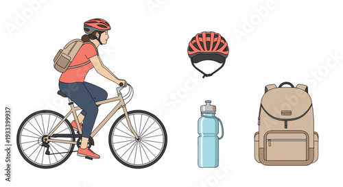 This vibrant illustration showcases classic school supplies: a blue backpack, an open book, a green pencil case, a yellow ruler, and a pink eraser.