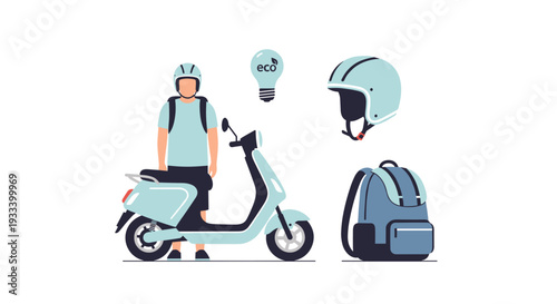 A happy man gently pets his orange cat, surrounded by a red yarn ball, a green pet bed, and a blue food bowl.