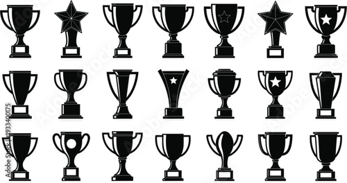 Large collection of black trophy and award cup silhouettes with star details for sports achievements and competition victory celebrations.