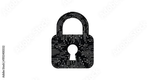 Black padlock with digital circuit pattern on white background, symbolizing security and technology