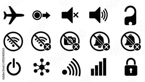 Collection of 15 black and white icons for various restrictions and symbols