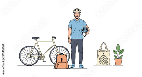A man stands confidently beside his bicycle, holding a helmet, accompanied by a backpack, a plant in a pot, and a canvas tote bag with a water drop design.