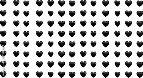 Elegant seamless pattern background featuring rows of glossy black 3D hearts on a clean white surface for romantic themes.
