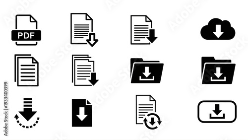 Black and white download icons for various file types and cloud storage