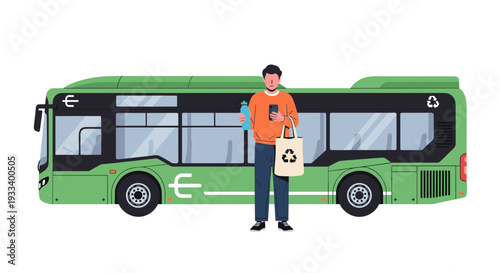 A thoughtful man stands proudly beside a modern electric bus, holding his smartphone and a reusable bag, representing a commitment to sustainable urban commuting and eco-conscious living.