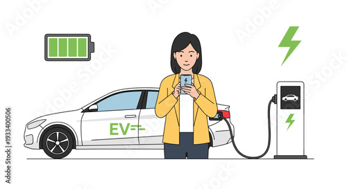 A confident woman actively manages her electric vehicle's charging process using a smartphone, symbolizing smart energy management, sustainable mobility, and technological integration in daily life.