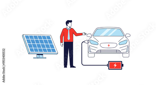 A man is diligently charging his electric car, emphasizing the harmonious integration of renewable solar energy for sustainable and environmentally friendly transportation solutions in modern life.