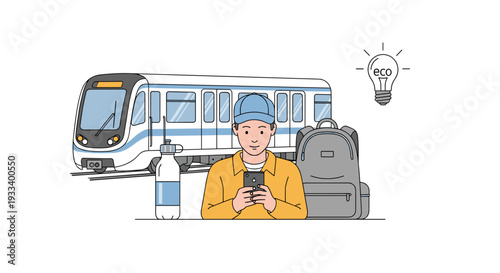 A young man is thoughtfully checking his smartphone while waiting for a train, representing a modern commuter's daily journey towards innovative ideas and sustainable transport.