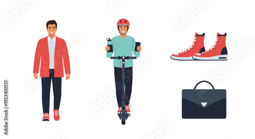 Various aspects of modern urban mobility and lifestyle essentials are depicted, showcasing a blend of traditional walking, electric scooter travel, and common personal accessories.